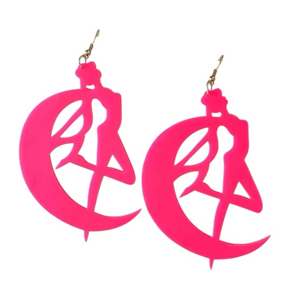 Oversized Sailor Moon Crescent Neon Pink Earrings Kawaii 90s Retro Anime Jewelry - Picture 1 of 9